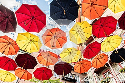 Lot of Umbrellas in Petit Champlain street Quebec city, Canada Stock Photo