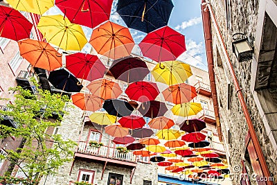 Lot of Umbrellas in Petit Champlain street Quebec city, Canada Stock Photo