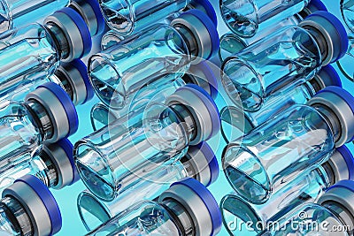 Lot of vaccine glass vials on blue background 3d rendering Cartoon Illustration
