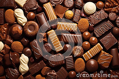 A lot of variety chocolate candies, pralines and truffles. Sweet food background Stock Photo