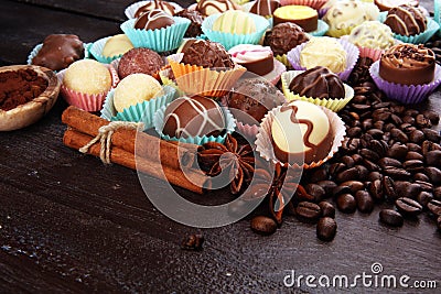 a lot of variety chocolate pralines, belgian confectionery gourmet chocolate. Stock Photo