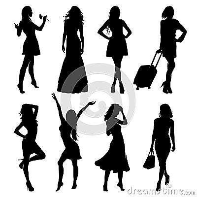 A lot of vector black silhouettes of beautiful women on white background Vector Illustration