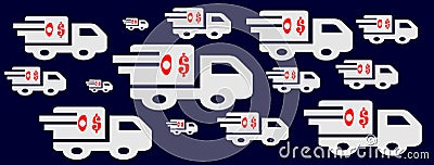 A lot of white delivery trucks with zero dollar written in red on a blue navy background Stock Photo