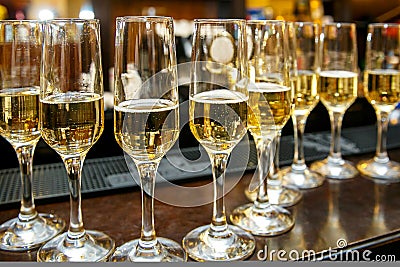 A lot of wine glasses with a cool delicious champagne or white wine Stock Photo