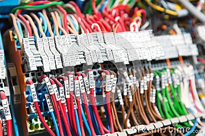 Lot of wires in switchgear cabinet Stock Photo