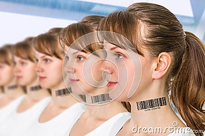 A lot of women in a row with barcode - genetic clone concept Stock Photo