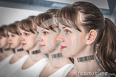 A lot of women in a row with barcode - genetic clone concept Stock Photo