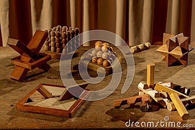 A lot of wooden puzzles Stock Photo