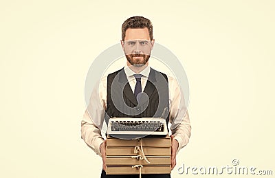 a lot of work. businessman hold folder heap. modern business. man preparing project. Stock Photo