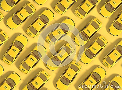 A lot of yellow taxi cars on a yellow background move erratically. Top view. 3D rendering. Stock Photo