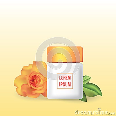 Lotion skin care white bottle yellow pink glossy lid with red rose petal flower on gray background, cosmetic advertise poster Vector Illustration