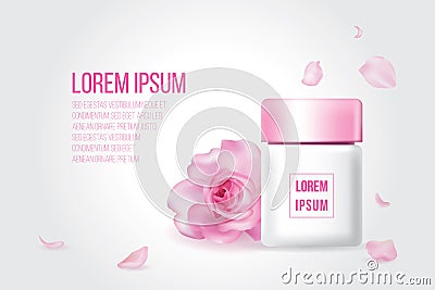 Lotion skin care white bottle yellow pink glossy lid with red rose petal flower on gray background, cosmetic advertise poster Vector Illustration