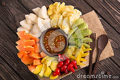 Lotis buah or rujak. fruit with hot chili paste Stock Photo