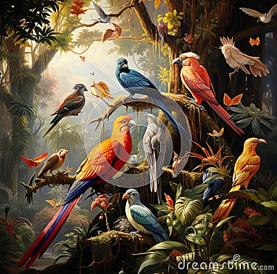 lots of animal birds in the forest, trees, branches, ai generated Stock Photo