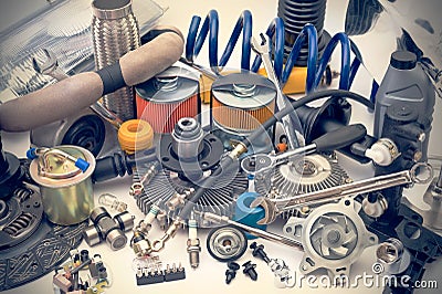 Lots of auto parts, faded Stock Photo