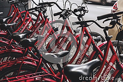 Lots of bikes parked in front of NH Collection Berlin Hotel Editorial Stock Photo