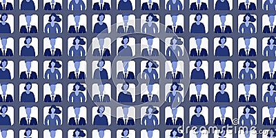 Lots of Blue User Avatars Texture, Mosaic Background with Rows of People, Face Symbols Vector Illustration