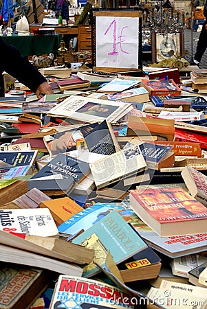 Lots of books in flea market Editorial Stock Photo