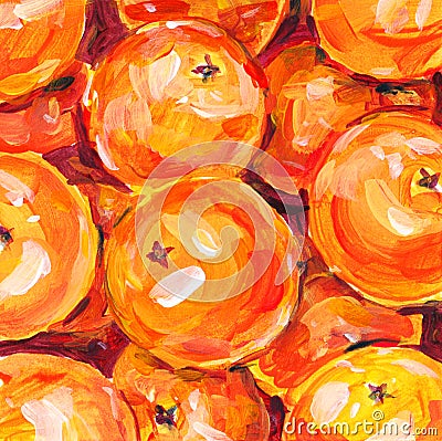 Lots of bright orange tangerines. Acrylic painting card for design and print. Hand draw contemporary artwork. Stylized postcard Stock Photo