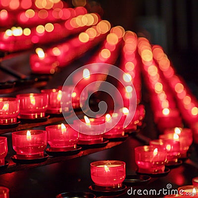 Lots of burning red candles in a church Stock Photo