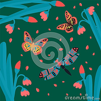 Lots of butterflies, flying insects. Cute little animals in the tropics of grass. Collection of soaring, multicolored Vector Illustration