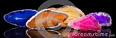 lots of colorful agate slice, healing stone and mineral, panorama Stock Photo