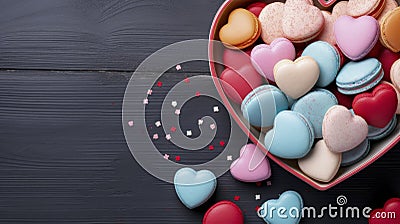 Lots of colorful decorated cookies in the shape of a heart. Top view. Complete filling of frame. Sweets for any holiday Stock Photo