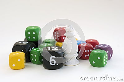Lots of colorful dices for board games, tabletop games or rpg on light background Stock Photo