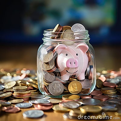 Lots of different coins and piggy bank Stock Photo