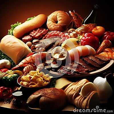 Lots of different food illustration 3d concept of eating and diversity of food Cartoon Illustration