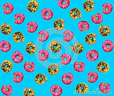 Lots of donuts. Colorful background top view. Yellow, pink color. Circle of bright dessert. Donuts, pink and yellow donut. Stock Photo