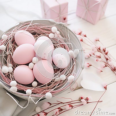 Lots of Easter eggs in soft pastel colors. Minimalist simple decor in Scandinavian style Stock Photo