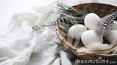 Lots of Easter eggs in soft pastel colors. Minimalist simple decor in Scandinavian style Stock Photo