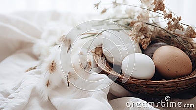 Lots of Easter eggs in soft pastel colors. Minimalist simple decor in Scandinavian style Stock Photo