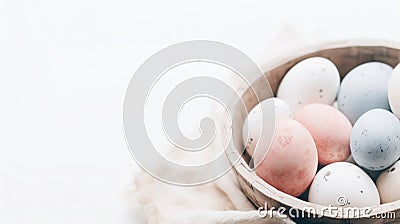 Lots of Easter eggs in soft pastel colors. Minimalist simple decor in Scandinavian style Stock Photo