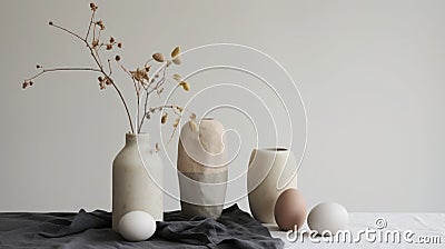 Lots of Easter eggs in soft pastel colors. Minimalist simple decor in Scandinavian style Stock Photo