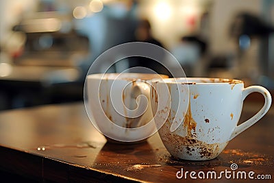 lots of empty dirty white coffee cups ,we are hiring Stock Photo