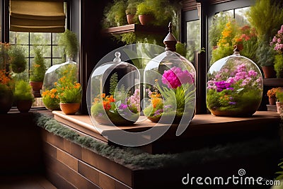 Lots of florariums on the shelves of a flower store, florariums are mini gardens in a glass container. Generative AI. Stock Photo