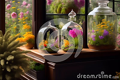 Lots of florariums on the shelves of a flower store, florariums are mini gardens in a glass container. Generative AI. Stock Photo