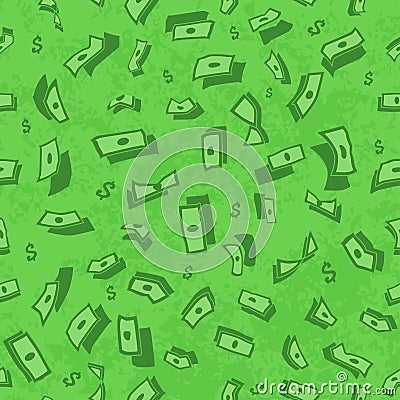 Lots of flying money Wallpaper dollars, green background of falling money, rain pattern, seamless texture Vector Illustration