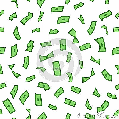 Lots of flying money Wallpaper dollars, green background of falling money, rain pattern, seamless texture Vector Illustration