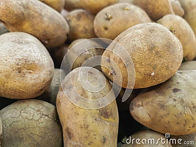 Lots of fresh brown potatoes on supermarket shelves Stock Photo