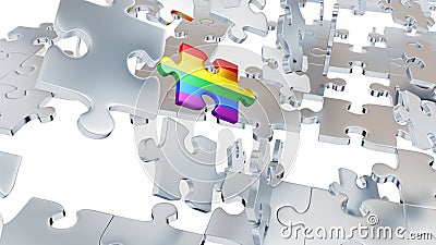 Lots of Grey Puzzle pieces with holes and one Large Rainbow piece Stock Photo