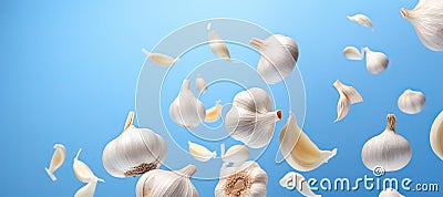 Lots of heads of garlic. Flying garlic on a light background Stock Photo