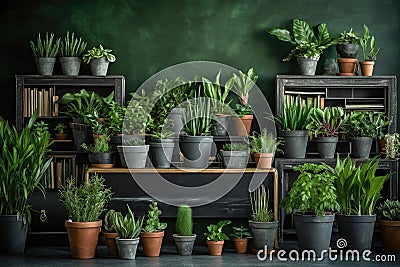Lots of houseplants in pots near the blackboard. Landscaping of the classroom. Generative ai Stock Photo