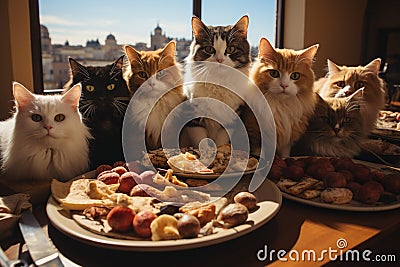 lots of hungry cats asking for food Stock Photo