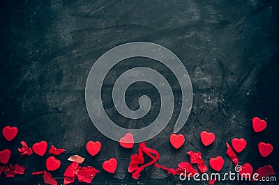 Lots of little red hearts on black background. romantic love background for Valentine`s day, birthday, party, wedding. Stock Photo