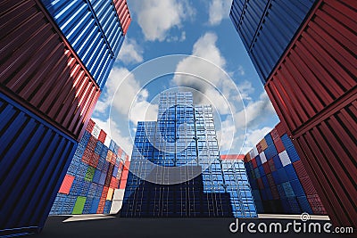 Lots of long cargo containers stacked at the terminal port for import export business. Logistics, unloading, loading, storage, Stock Photo