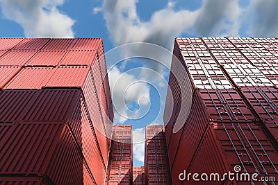 Lots of long cargo containers stacked at the terminal port for import export business. Logistics, unloading, loading, storage, Stock Photo