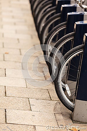 Lots of parked bicycles on the city street. Stock Photo